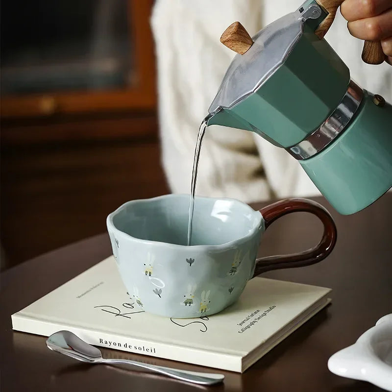300ml Hand-painted Flower Ceramic Coffee Cup Cute Style Print Porcelain Handmade Breakfast Milk Juice Tea Chocolate Handle Mug Oasis Select