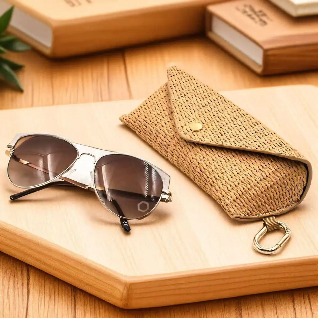 Fashion Woven Straw Glasses Case with Hook,Durable PU Leather Eyewear Bag,Soft Protective Sunglass Pouch for Women Glasses Case Oasis Select
