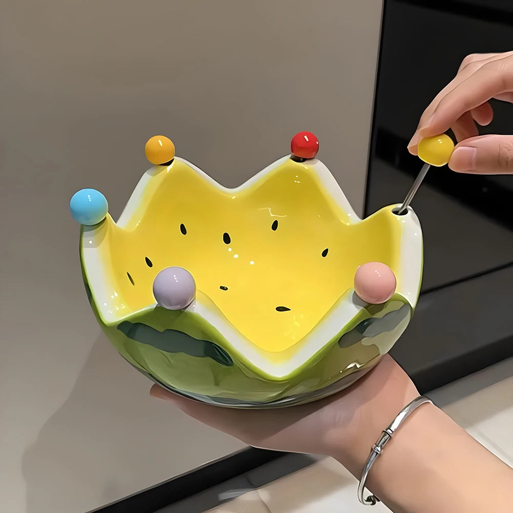 Watermelon Ceramic Fruit Bowl with Forks | Large Capacity