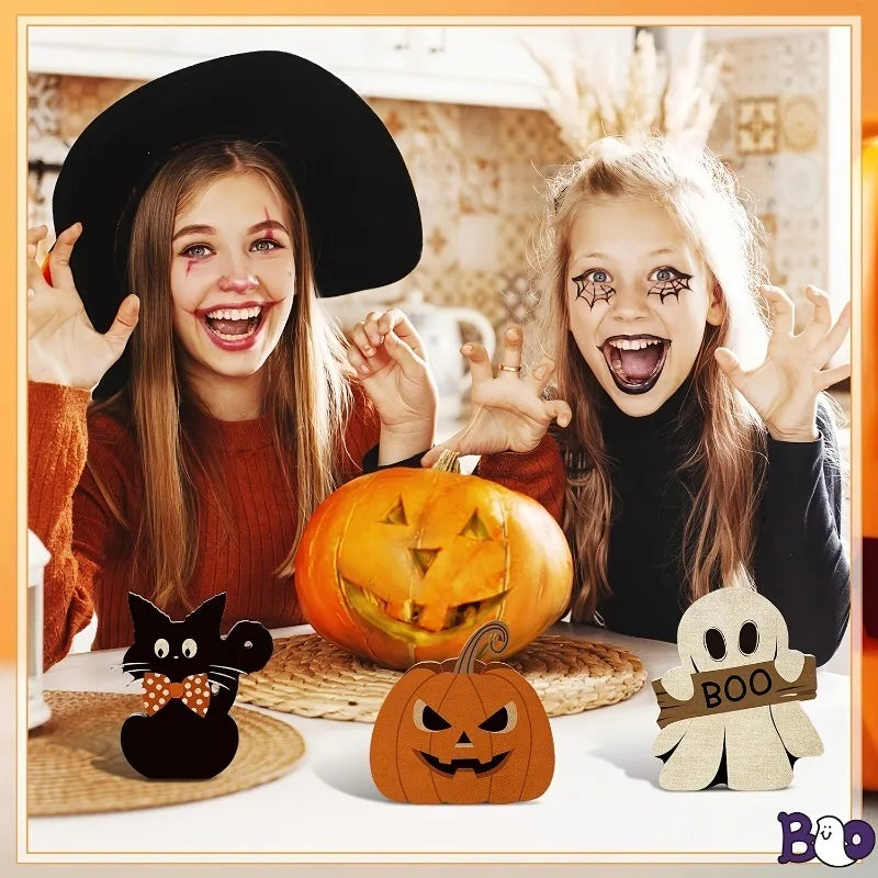Three-piece Halloween wooden table decorations, black cat, pumpkin and ghost, for the center of the party table decoration Oasis Select