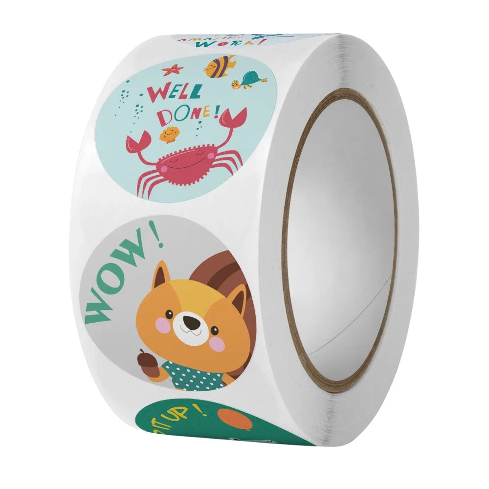 500pcs/roll Sticker , Reward and encouragement pattern sticker, teacher cartoon hand-painted cute round animal seal sticker Oasis Select