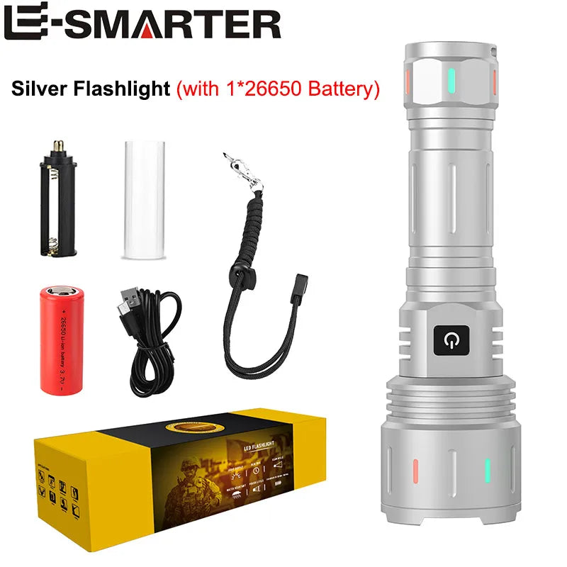 New Search Zoom Flash Light Super Bright LED Flashlight 5 Modes Zoomable Waterproof Outdoor Home Camping Hiking Tactical Torches Oasis Select Silver-With 1X 26650