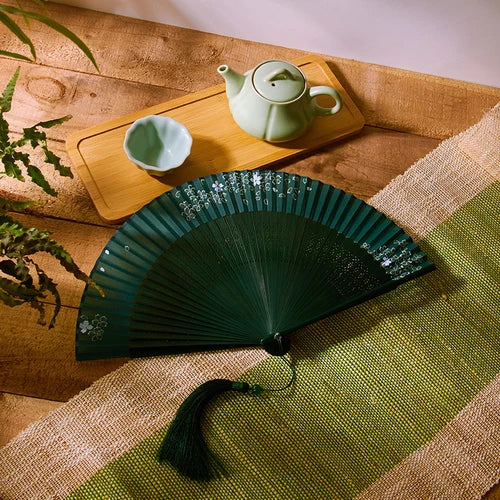 21cm Chinese style retro style green series Cherry Blossom gradient folding fan daily portable dance cheongsam fan Oasis Select 1