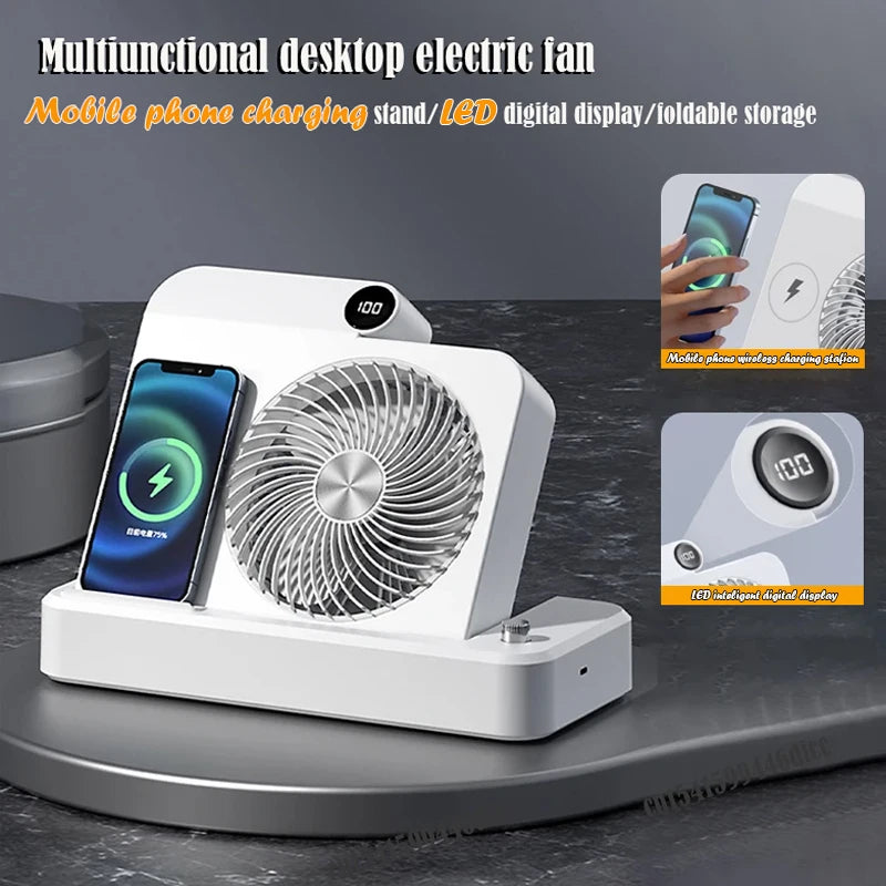 Desktop Wireless Charging Fan – 100-Speed, USB, Phone Holder