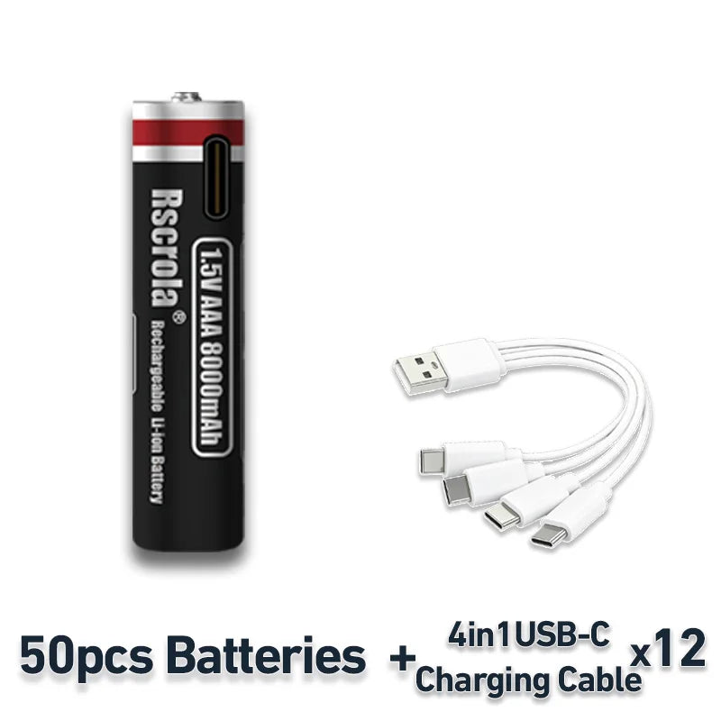1.5V AAA Rechargeable Li-ion Battery 8000mAh Type-C USB Fast Charging for Toys Shaver Smart Home Devices Oasis Select 50 PCS AAA Batteries