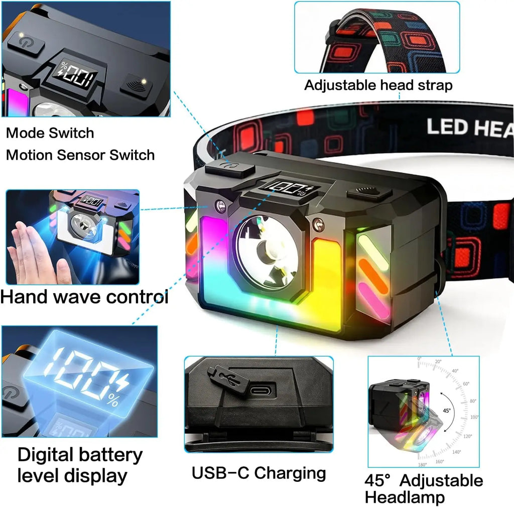 Rechargeable LED Headlamp, Super Bright Head Torch with 4 Modes and Multicoloured RGB Lighting, Sensor Control, Lightweight Oasis Select