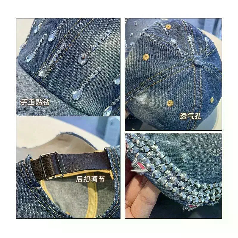Sparkling Rhinestone Denim Baseball Cap for Women Bling Crystal Decor Adjustable Casual Outdoor Sun Hat Adjustable Cowboy Hat Oasis Select