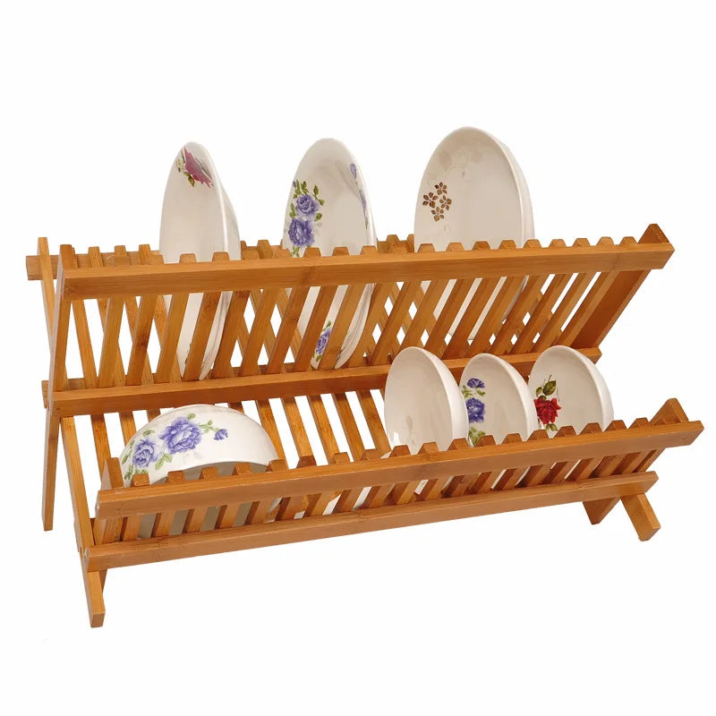 16 grid folding bowl rack, bowl rack, creative bamboo dish rack, household double-layer bowl rack Oasis Select