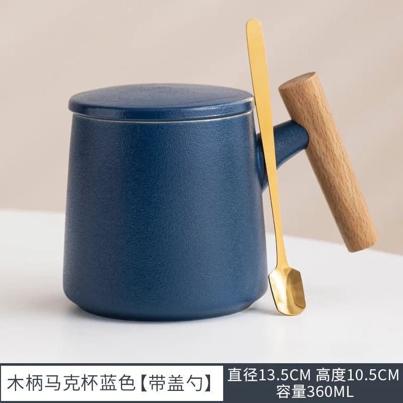 Office Wooden Handle Mug Japanese-style Ceramic Office Tea Cup Frosted Water Cup Three-piece Set with Lid Filter Mug Coffee Mug Oasis Select Blue 301-400ml