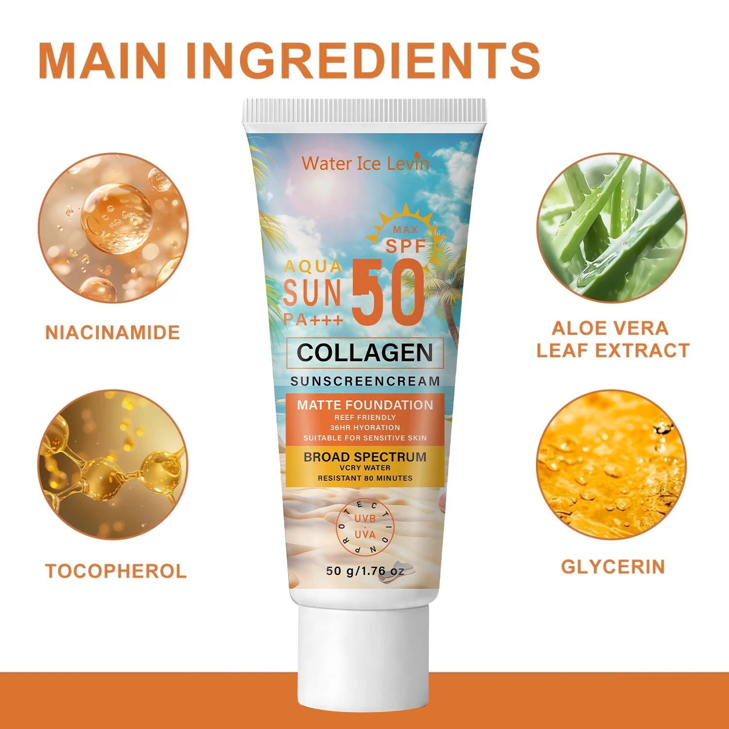 SPF50 PA+++ Collagen Sunscreen – 36HR Hydrating & Water Resistant Collagen Sunscreen Oasis Select