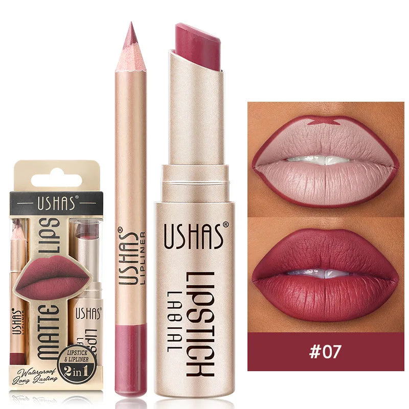USHAS 12-Color Matte Lipstick & Lip Liner Set – Long-Lasting