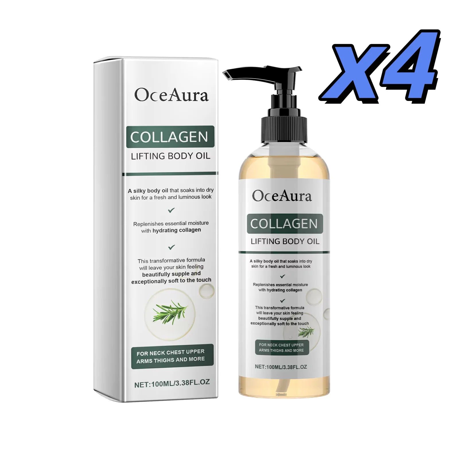 Oceaura Collagen Lifting Body Oil Firming Hydrating Anti Aging Brighten Smooth Dry Skin Reduce Fine Lines Full Body Massage Oil Oasis Select 100ml boxed X 4pxs