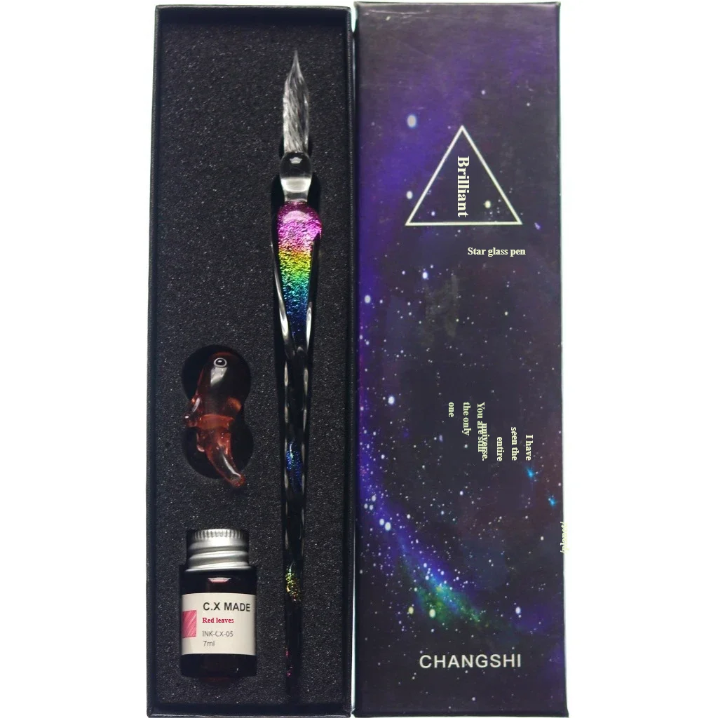 Star glass pen dipped in fountain pen gift box gold powder color ink set for students, net red Tiktok creative gift pen Oasis Select