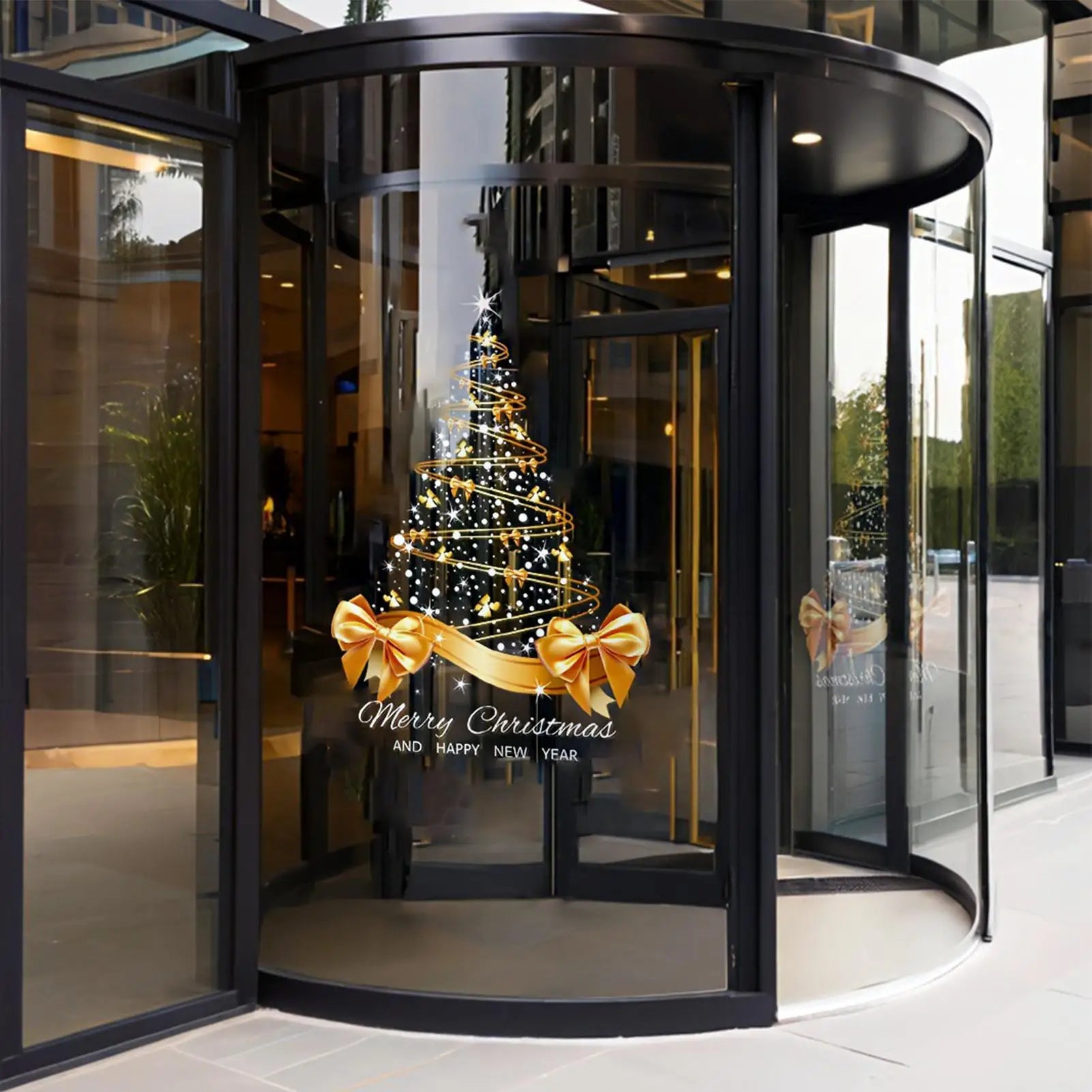 Christmas Window Clings 25.59x17.72 Inch Mural Pvc Double-Sided Golden Christmas Tree Window Clings for Glass for Holiday Home Oasis Select