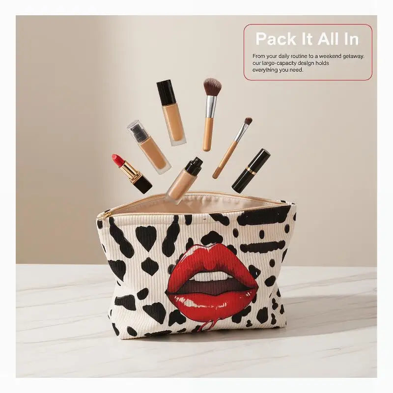 Corduroy Makeup Bag Lip Print & Zipper | Cosmetic Clutch Cosmetic Makeup Bag Oasis Select