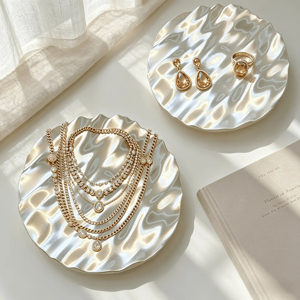 Wavy Silvery Jewelry Display Tray, Irregular Ripple Texture Trinket Plate for Earrings, Rings, Photography Prop Vanity Decor Oasis Select