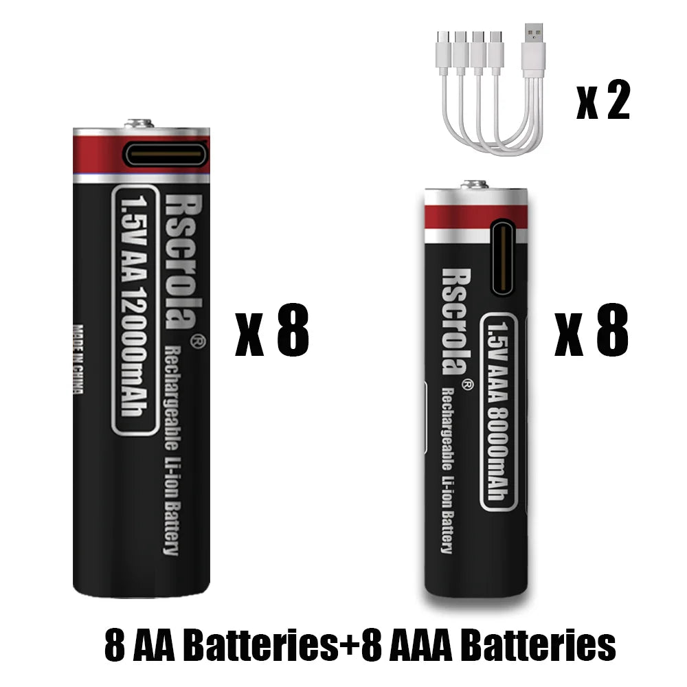 1.5V Rechargeable Li-ion Battery AA 12000mAh/AAA 8000mAh Type-C Fast Charge High Capacity， Cameras/Mouse/Xbox Controllers/Toys Oasis Select 1.5V 8AA 8AAA