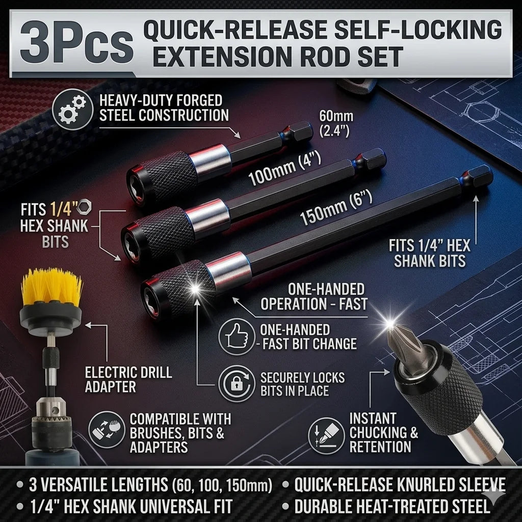 3-Pc 1/4" Hex Quick-Release Magnetic Bit Extension Rod Set