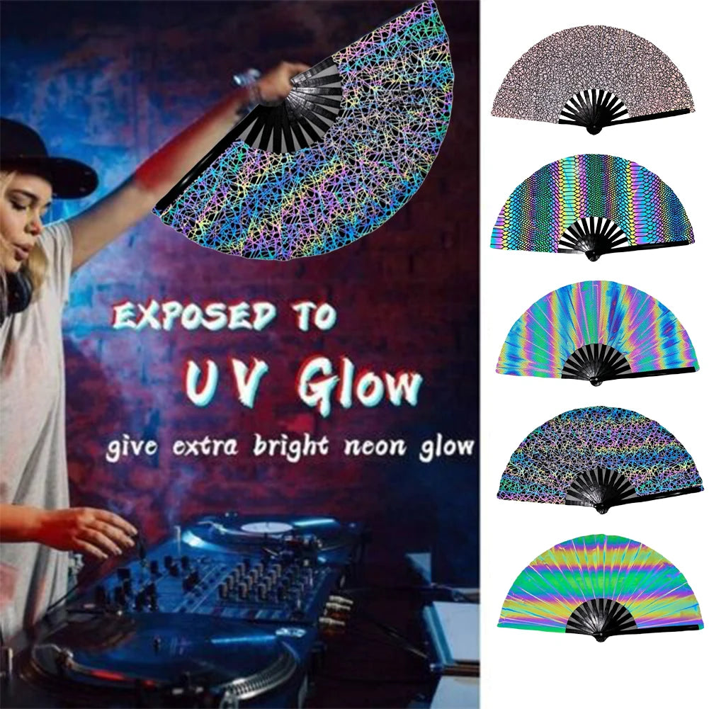 New Foldable Bamboo Fan 33cm Lightweight Holding Laser Colors Hand Fan Portable PVC Clack Clapping Fans for Line Dancing Oasis Select