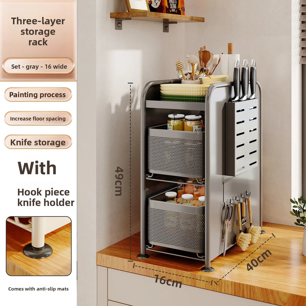 Kitchen seasoning rack Narrow slot seasoning tank Storage rack Side magnetic hanger Pull-out countertop storage cabinet Oasis Select Grey 3 small daojia