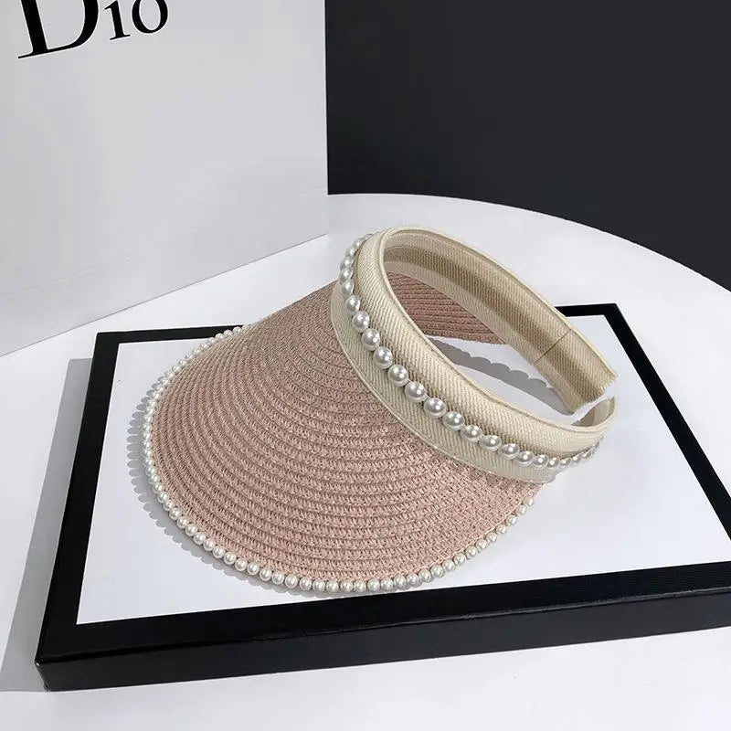 Summer Beach Straw Hat with Pearls for Women Wide Brim Open Crown Elegant Raffia Sun Protection Cap Holiday Essentials Oasis Select A5