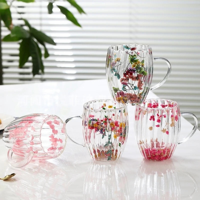 Borosilicate Double-Wall Ribbed Glass Mug, Dried-Flower Heatproof Lovely Cup for Coffee & Tea, Home&Office Gift, Handwash Oasis Select