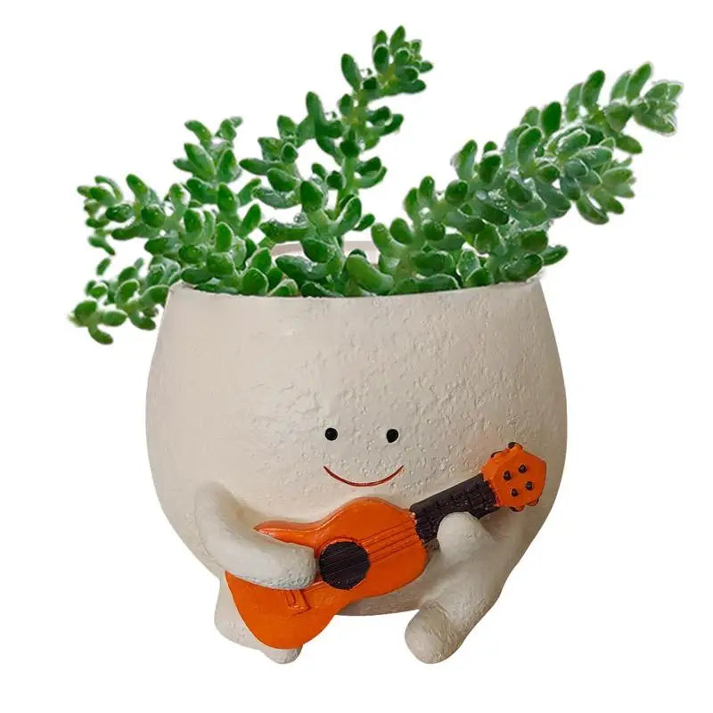 Resin Succulent Pot Unique Guitar Boy Shape Smile Face Planter Drainage Design Planter Pots With Drainage Design Flower Planter Oasis Select