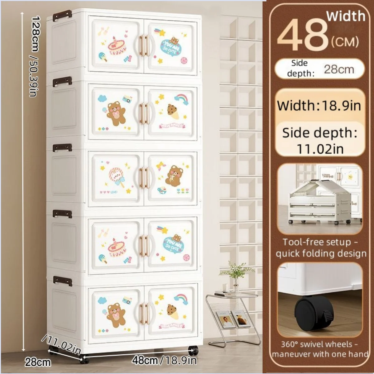 18.9 Inch Cartoon Foldable Storage Box,1-6 Tier Heavy-Duty Rolling Organizer,2 Colors for Bedroom/Living Room/Kitchen/Study Oasis Select 5 Layer Bear