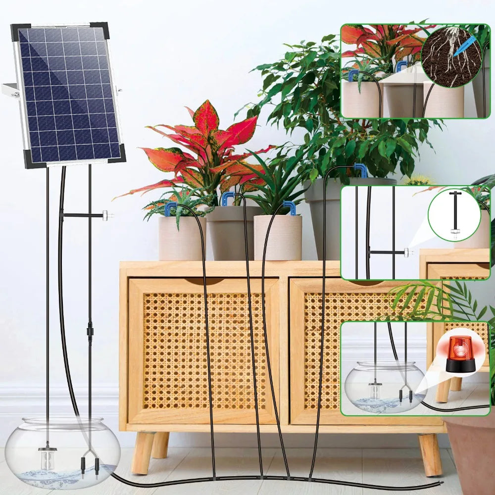 Solar Potted Plants Deep Drip Irrigation Watering System 9V 5W, Watering Regularly Easy DIY, with 30*Drip Tip 15m Water Pipe Etc Oasis Select