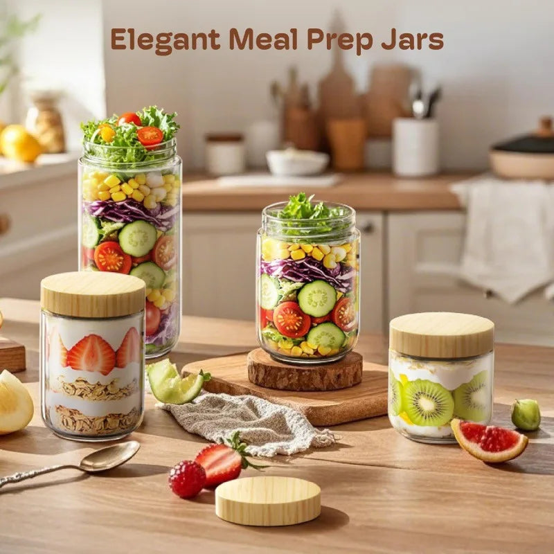4 Pack Overnight Oats Containers with Airtight Bamboo Lids, Wide Mouth Clear Glass Mason Jars for Meal Prep, Food Storage Oasis Select