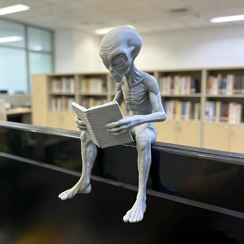 Reading Alien Mini Figurines 3D Printed Extraterrestrial Bookworm Statue Novelty Monitor Top Home Desktop Companion Office Decor Oasis Select