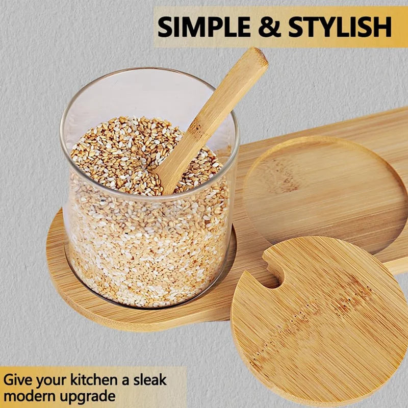 WISH Bamboo Condiment Container With Lid And Spoon-Condiment Box Set, Used To Store Condiments, Salt And Sugar. Oasis Select