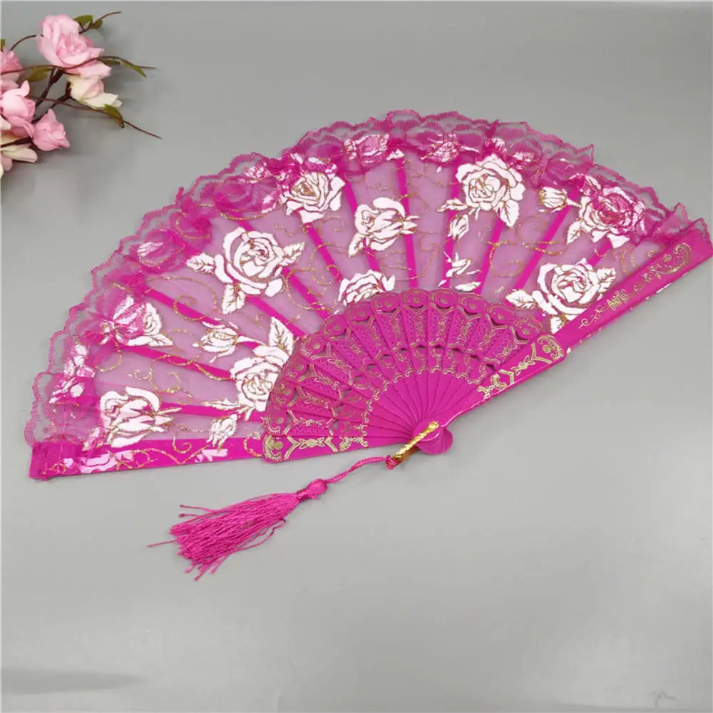Lolita Gothic Fan Victorian Female Lace Hand Fan Vintage Black White Red Rose Bamboo Fans Cosplay Halloween Party Supplies Oasis Select Rose red as pictures