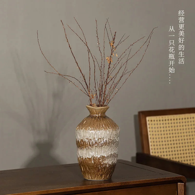 European Style Retro Style Ceramic Vase Living Room Advanced Sense Coarse Clay Pot Simple Dried Flower Arrangement Decoration Oasis Select