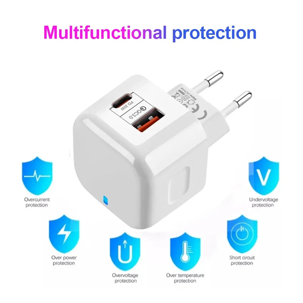 2 Ports QC3.0 Type C Charger PD 20W Quick Charger USB-C Fast Charging Travel Wall Charger Power Adapter For iPhone 12Pro Max Oasis Select