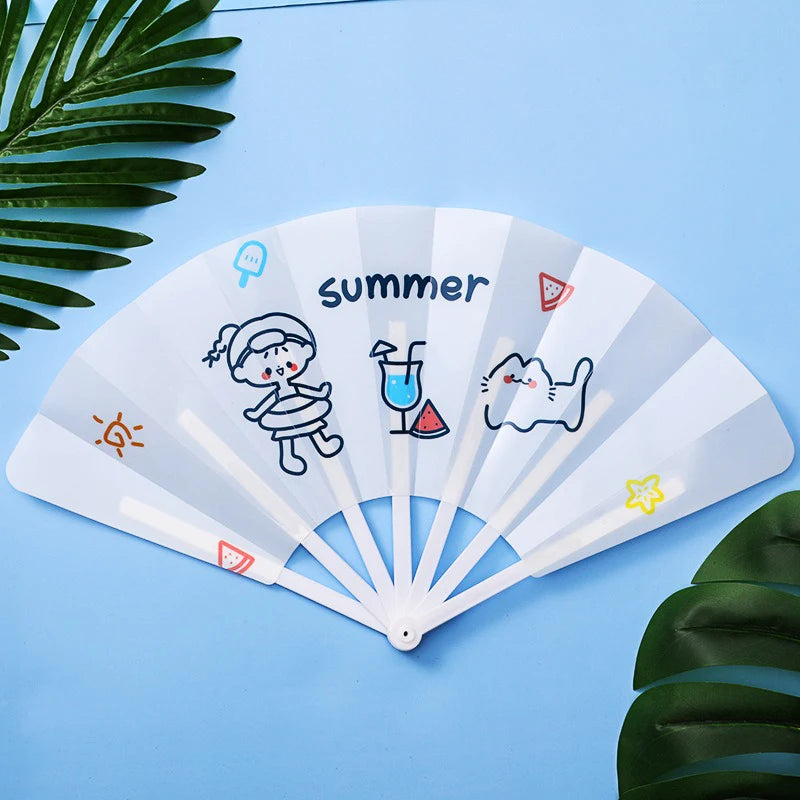 Cartoon Hand Crank Cool Fan Creative Summer Small Fresh Cute Portable Folding Fan PP Plastic Folding Fan for Student Children Oasis Select style G