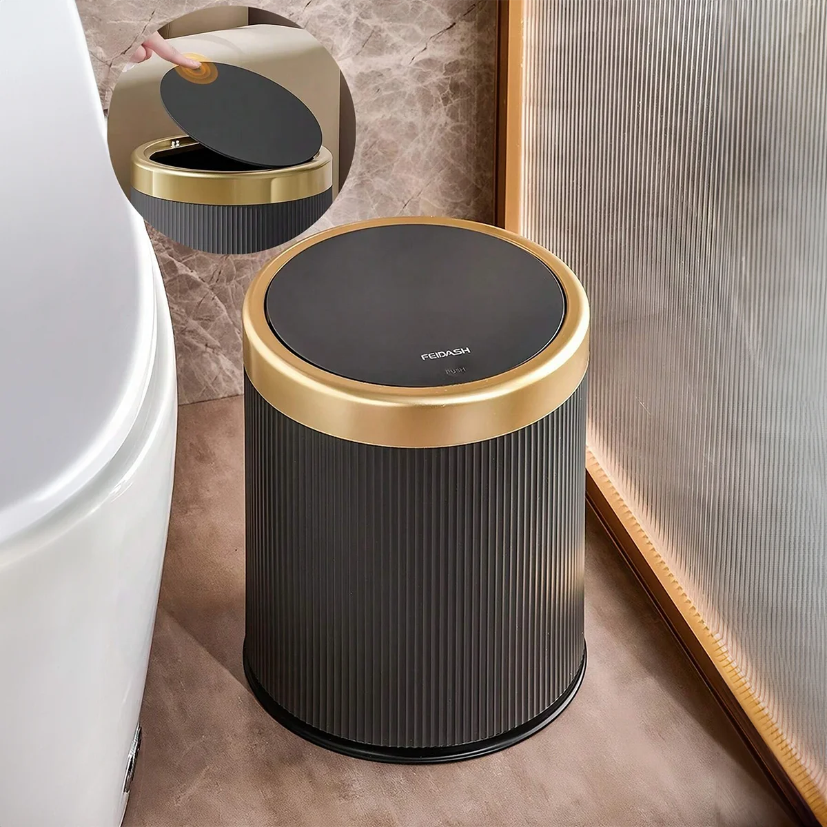 Modern White and Black Double Layered Trash Bin with Press Top Lid for Bathroom, Office and Bedroom Oasis Select