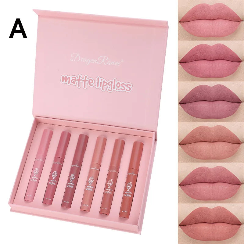Dragon Ranee 6-Color Velvet Matte Lip Gloss Set – Long-Lasting