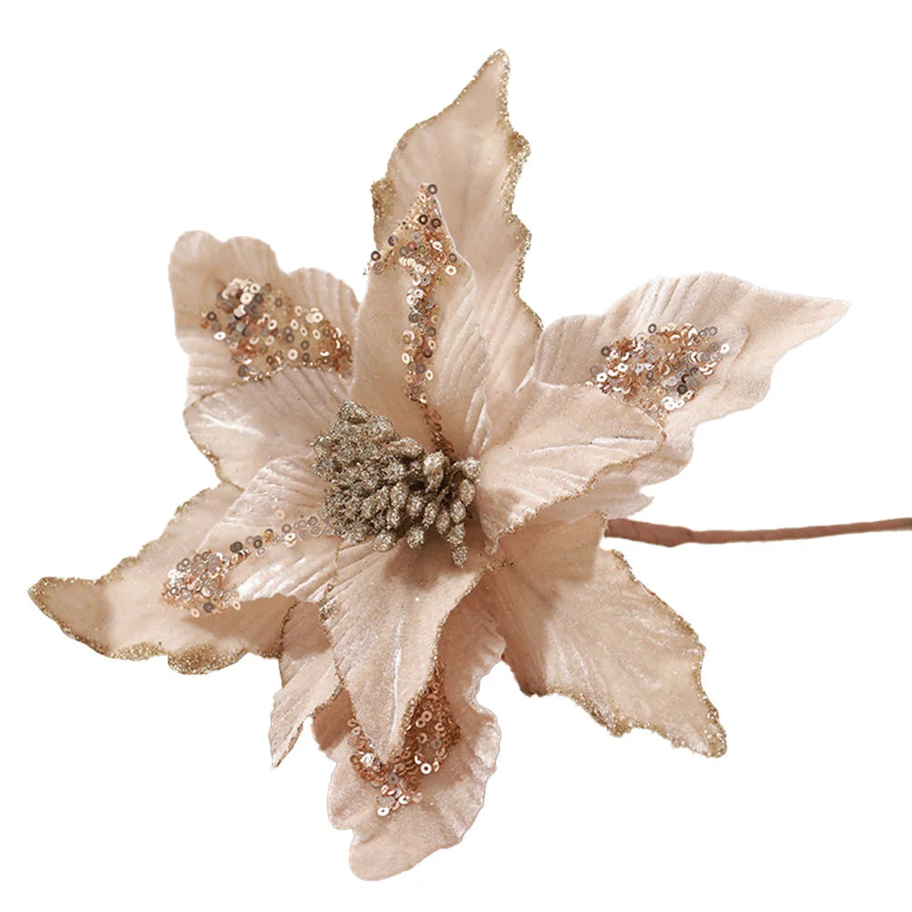 Glitter Artificial Christmas Cloth Flowers | Tree & Home Décor Artificial Christmas Flower Oasis Select Champagne