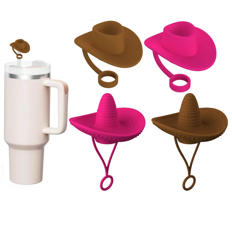 4pcs Cowboy Hat Suction Straw Cap For Stanley Cup 40 Oz Silicone Suction Straw Dust Plug Silicone Dust Cap 6-10mm General Size Oasis Select