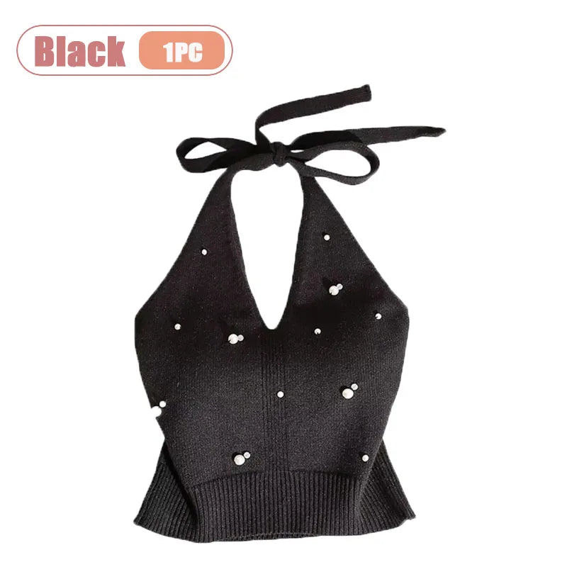 1-10PCS Beaded Halter Top for Women Sexy Backless Sleeveless Knit Cami Slim Fit Layering Outwear Summer Clothes Oasis Select Black-1PC One Size