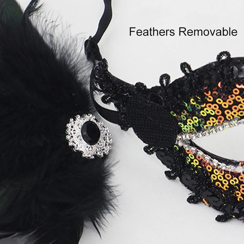 Feathers Sequins Half-Face Mask Masquerade Removable Feather Decor Venetian Mask Halloween Cosplay Party Costume Accessory Oasis Select