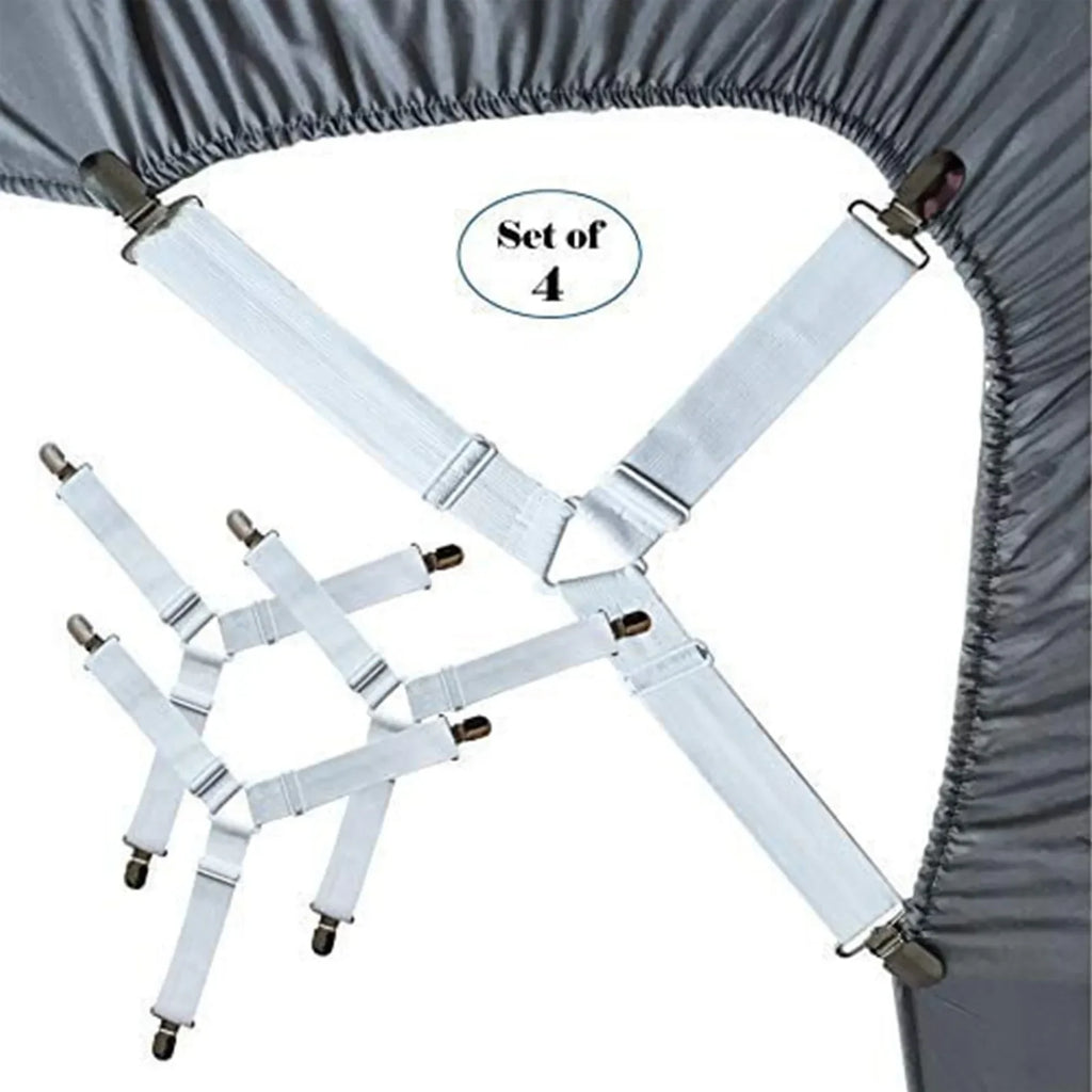 4 PCS Bed Sheet Holder Straps, Elastic Mattress Corner Clips 3 Way Fitted Bed Sheet Fastener Suspenders Grippers sheets bedding Oasis Select 4 white pieces One Size