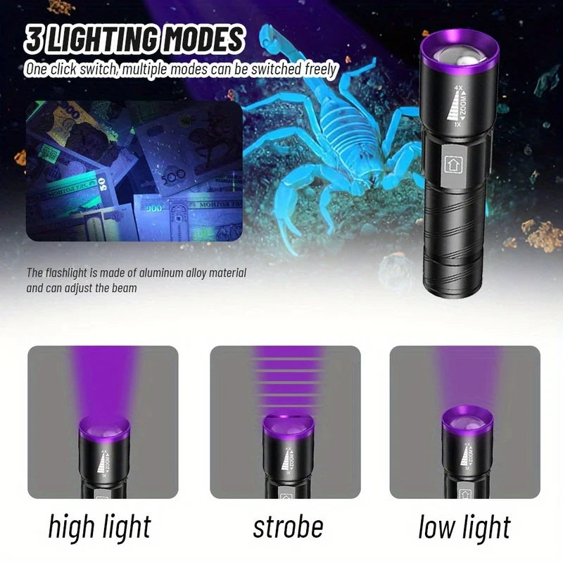 UV 395NM Flashlight Rechargeable UV Zoomable Torch 3 Modes Camping Ultraviolet Flashlights for Pet Stacks Fluorescent Detection Oasis Select