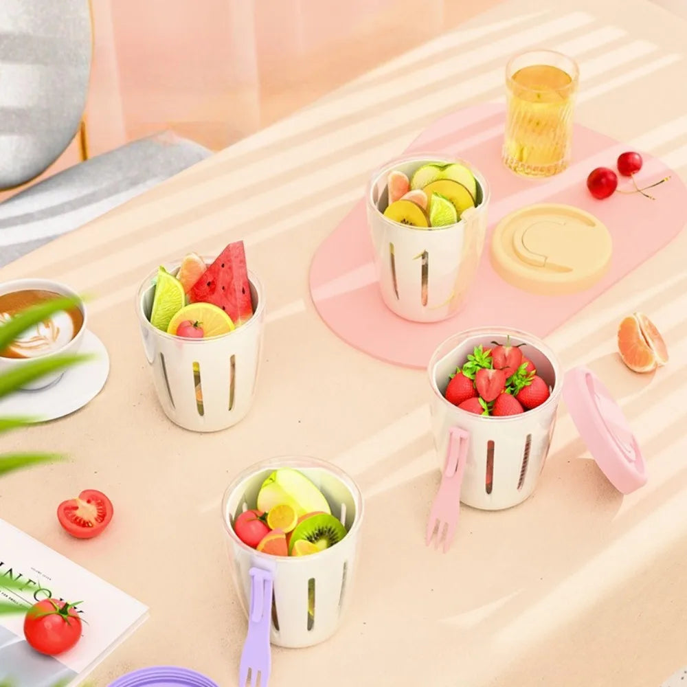 Portable Cylindrical Food Container with Fork Built in Drain Plastic Fruit Storage Cup Multi Purpose Lunch Box for Daily Snacks Oasis Select