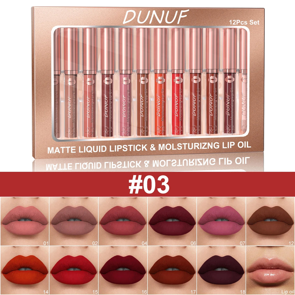 DUNUF 12 Pcs Matte Lipstick Lip Gloss Waterproof Long-lasting Easy Coloring Beginner Friendly Non-stick Cup Shape Non-fading Moi Oasis Select 03