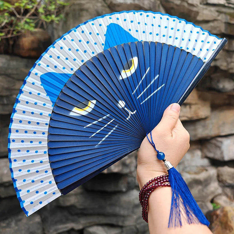 Chinese Style Summer Gift Cat Patterns Handmade Cartoon Home Decoration Silk Fan Folding Fan Fan Crafts Portable Bamboo Fan Oasis Select blue