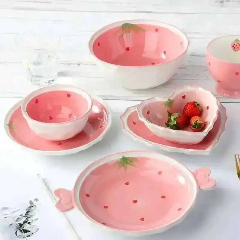 Strawberry Love Pink Plate And Bowl Ceramic Tableware Hand-painted Plate For Household Girls And Kids Oasis Select