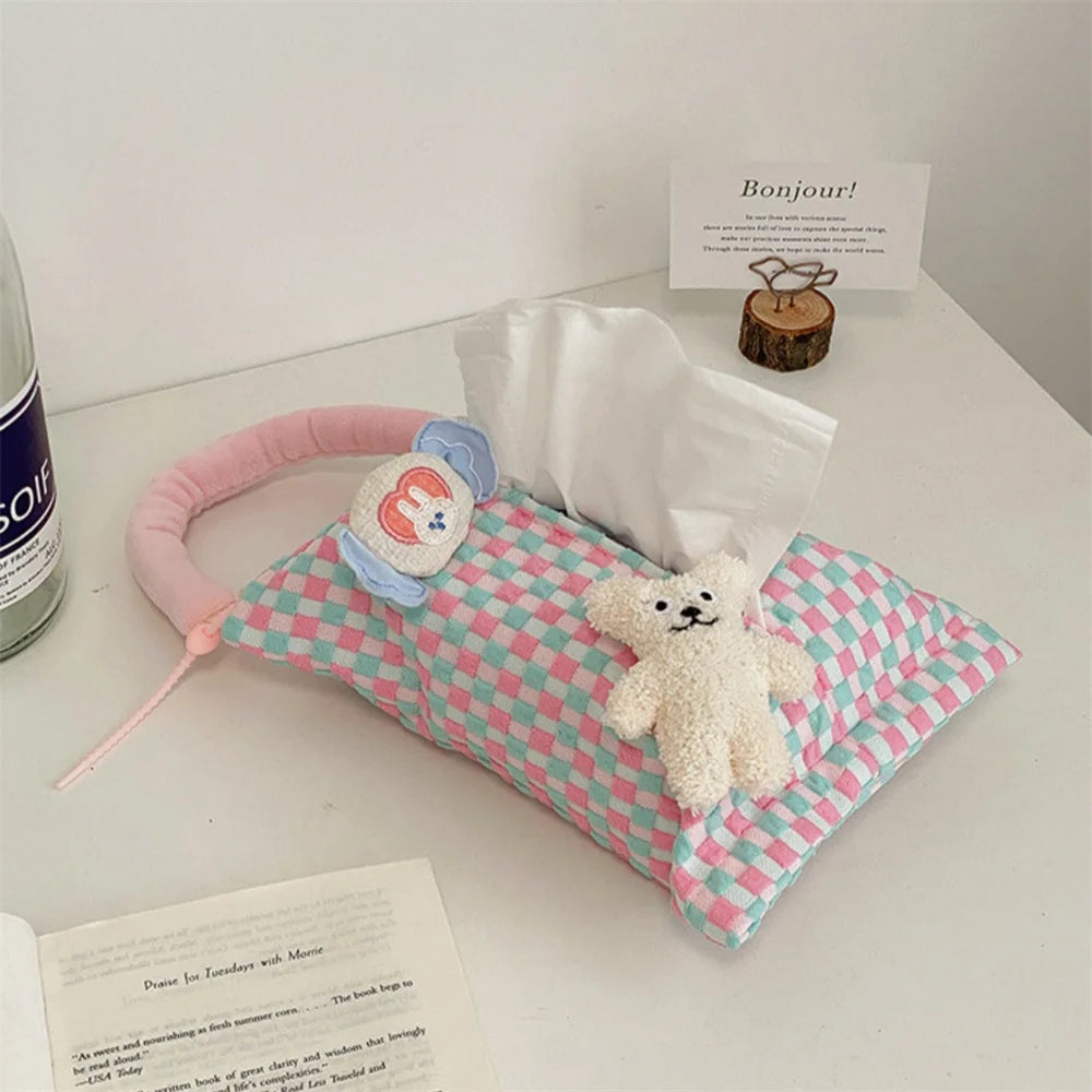Pink Plaid Fabric Tissue Box Portable Hanging Tissue Case Living Room Container Home Car Towel Napkin Holder Home Decoration Oasis Select