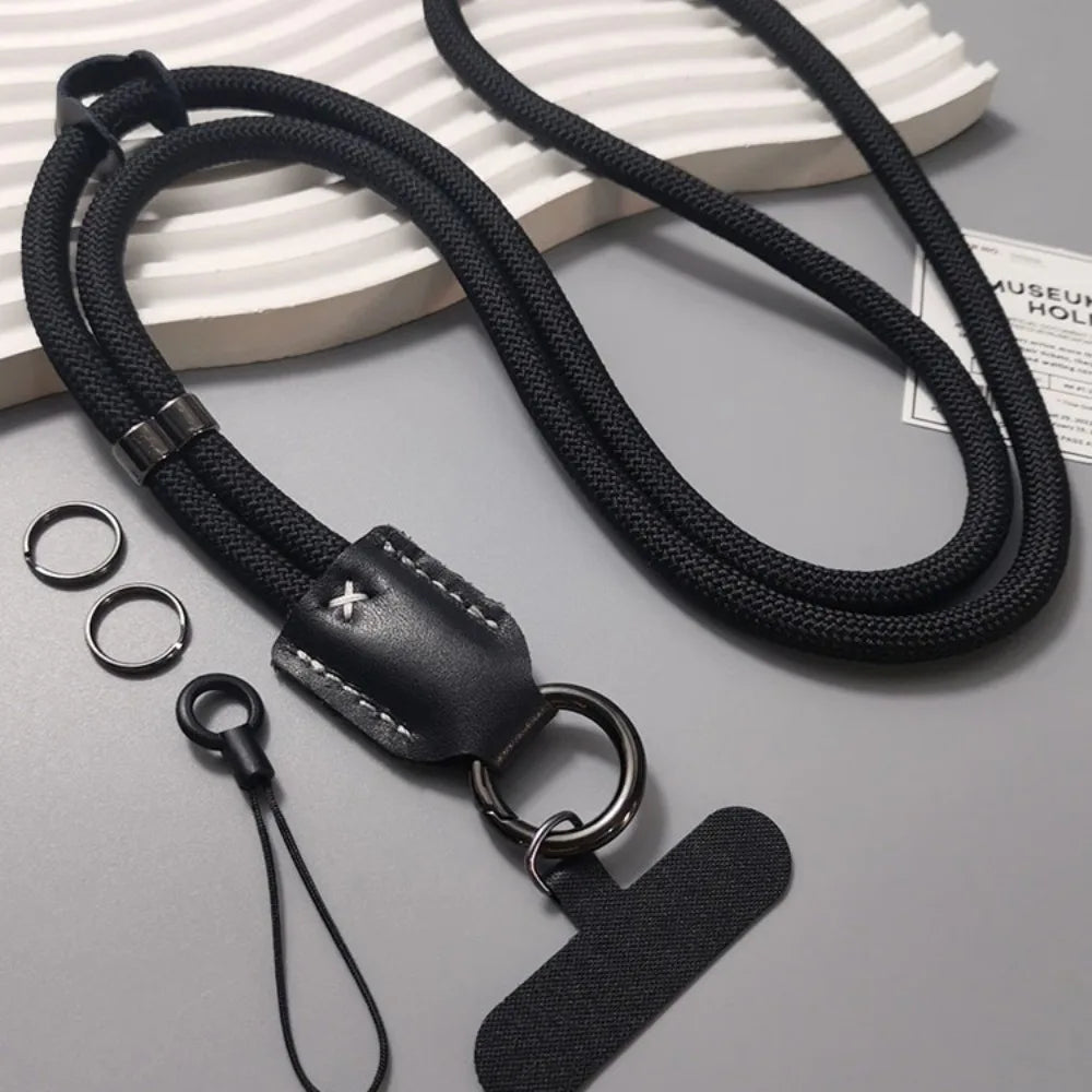 New Nylon Diagonal Mobile Phone Rope Pu Leather Head Braided Long Anti-drop Mobile Phone Rope Clip Mobile Phone Case Rope Oasis Select Black